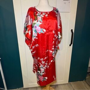Cool Art Red Satin Kaftan Loungewear Peacock Floral Kimono Maxi Dress Boho Mumu
